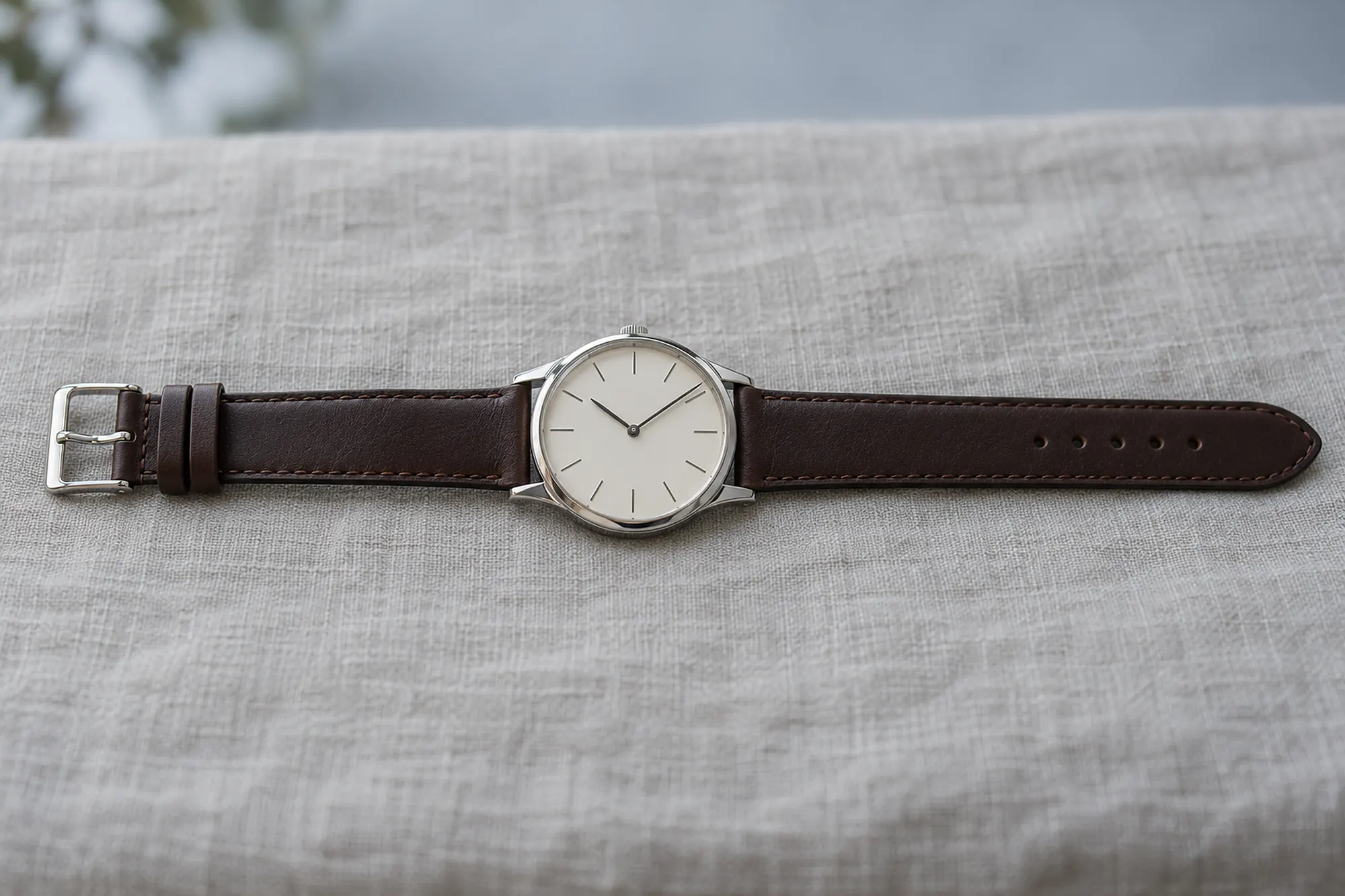 Schlichte Armbanduhr mit hellem Zifferblatt und geöffnetem braunem Lederband auf Leinen
